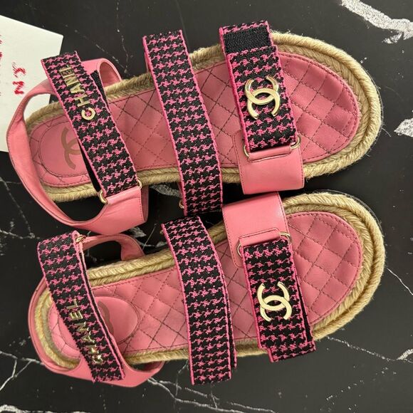 CHANEL Pink Tweed Dad Sandals Rare Colorway Size 38 in ORIGINAL BOX - Picture 5 of 11